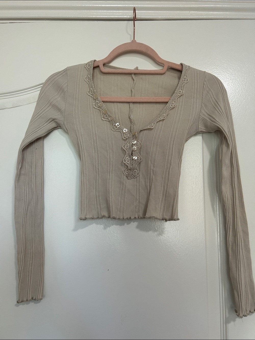 Beige Ribbed Lace-Trim Long Sleeve Top